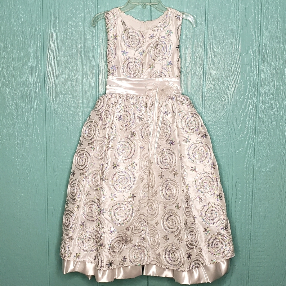 ❤ New dress white embroidered long sequins silver first communion size 12 girls